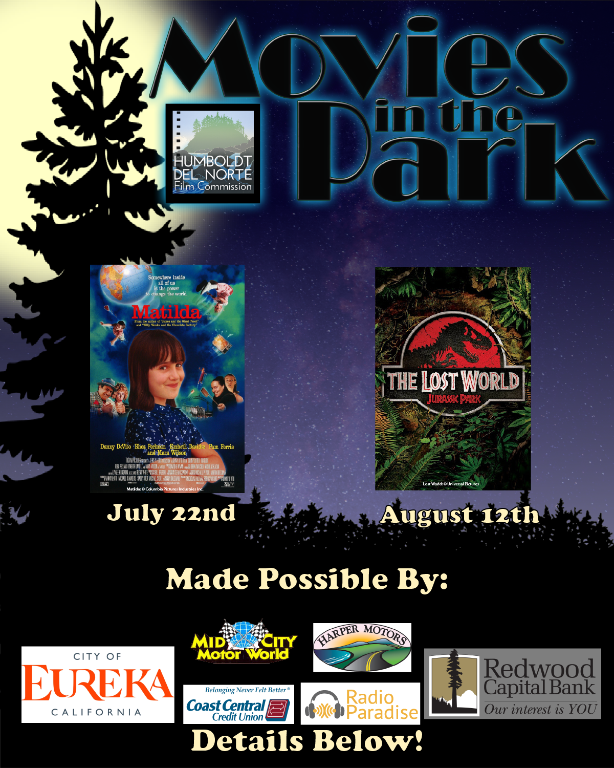 Movies in the Park 2023 season July 22nd and August 12th at Sequoia Park